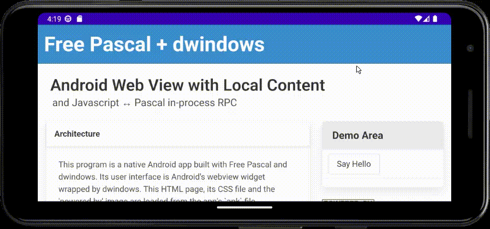 Free Pascal Android hybrid native/web app with dwindows